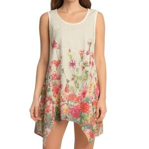 Cal Style top blouse floral asymmetric hem sleeveless floral vanilla floral 2XL